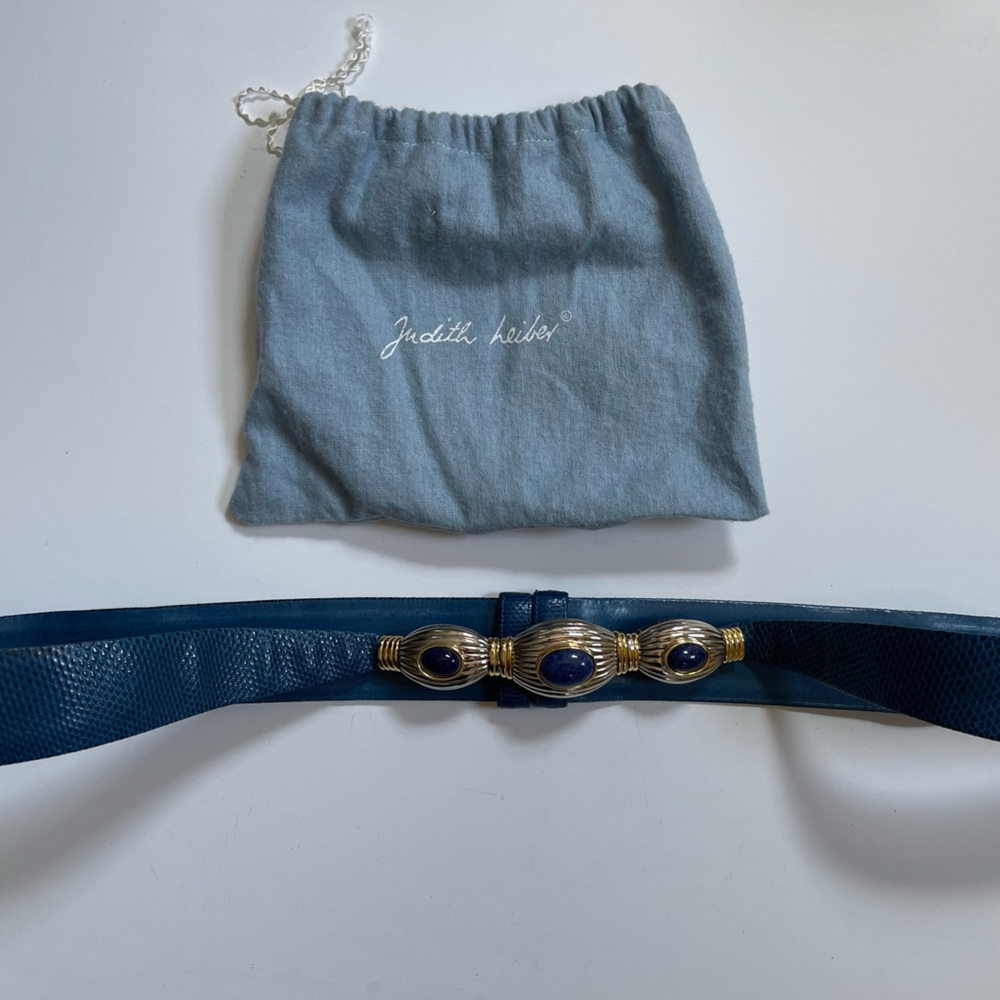 Vintage Judith Leiber Blue Stone, Gold and Blue Snake Skin Art Deco Belt